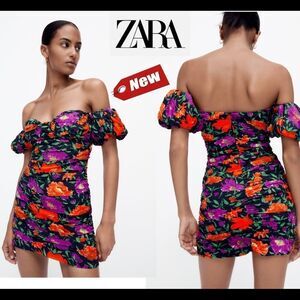 Zara purple red black off the shoulder puffsleeve mini dress Sz L NWT